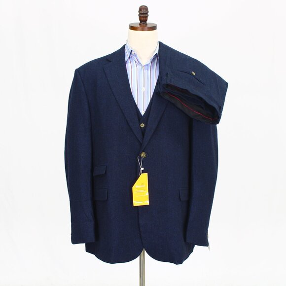 Moran X 52L 46x33 Navy Full Suit 3-Piece 2-Button Herringbone R585